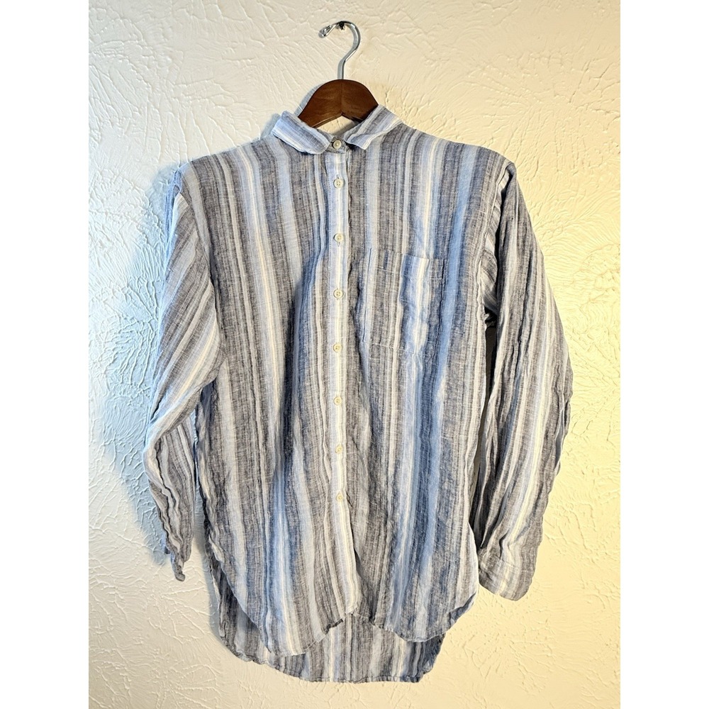 Lands' End Women's S 6-8 100% Linen Blue Stripe Oversized Tunic Shirt Long Slv